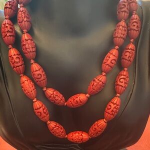 Vintage Hand Carved Cinnabar Elongated Beads Hand Knotted Silver Clasp Necklace
